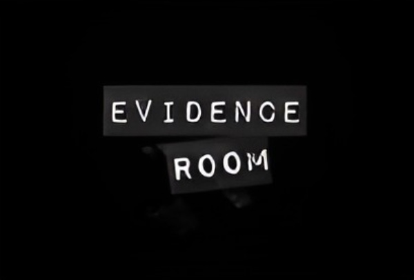 Evidence Room title card for a shooting scene reconstruction in a criminal defense domestic homicide case