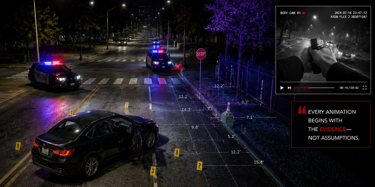 Nighttime crime scene reconstruction with police vehicles, forensic measurement markers, and digital evidence overlays