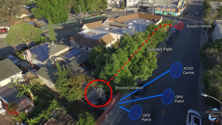 Aerial map reconstruction of an officer-involved shooting showing suspect path, shooting location, and police unit positions