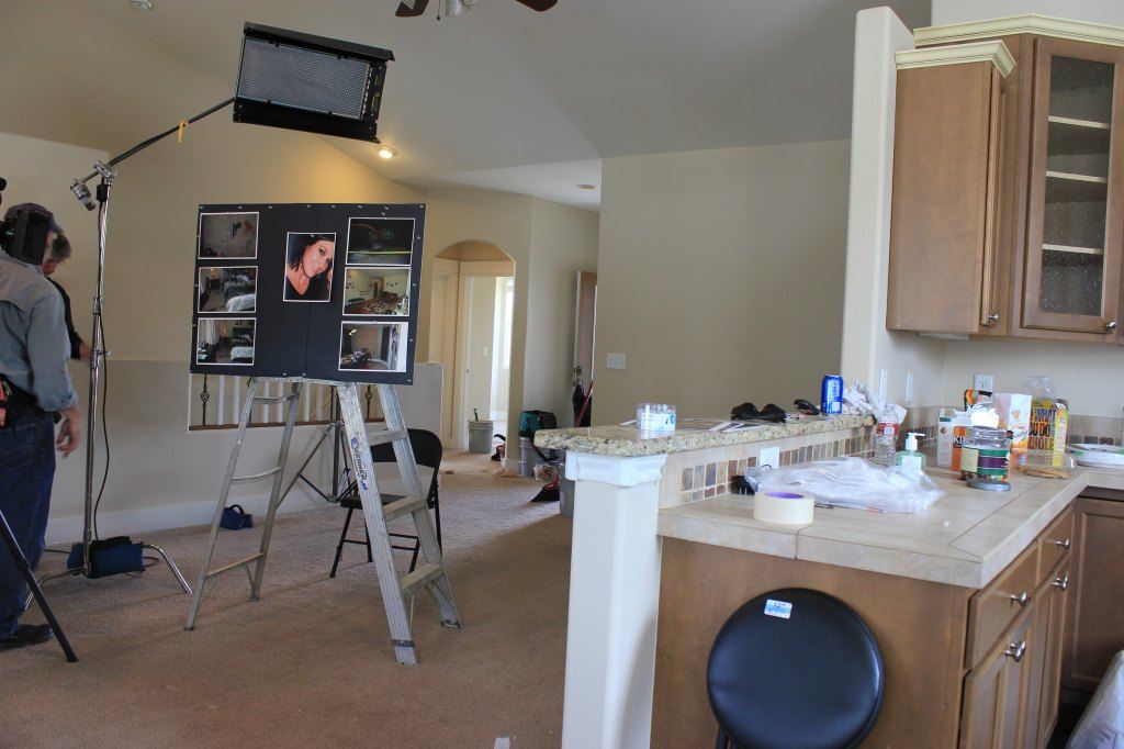 Behind-the-scenes photo of a forensic reconstruction setup inside a home for the 48 Hours episode "Death After Midnight"