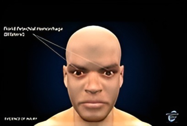 3D forensic animation illustrating fatal potential hemorrhage points on a human head
