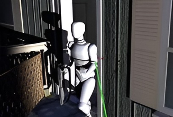 3D forensic animation of a suspect figure in a doorway during a shooting scene reconstruction