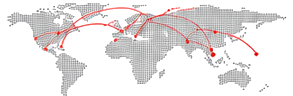 World map showing Evidence Room's global reach with connecting route lines